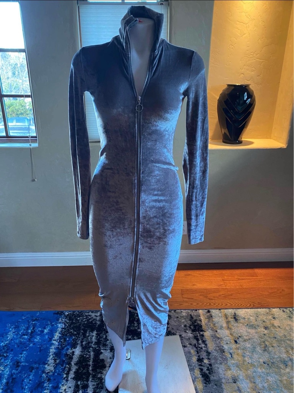 H&M Super Sexy Gray Velvet Zipper High Slit Dress Size 6